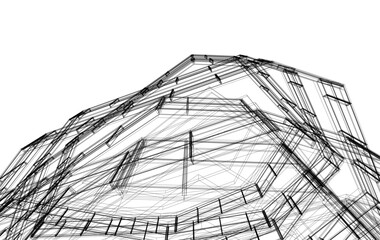 Futuristic Architecture Sketch - Abstract Building Facade - Geometric Perspective - Vector Illustration