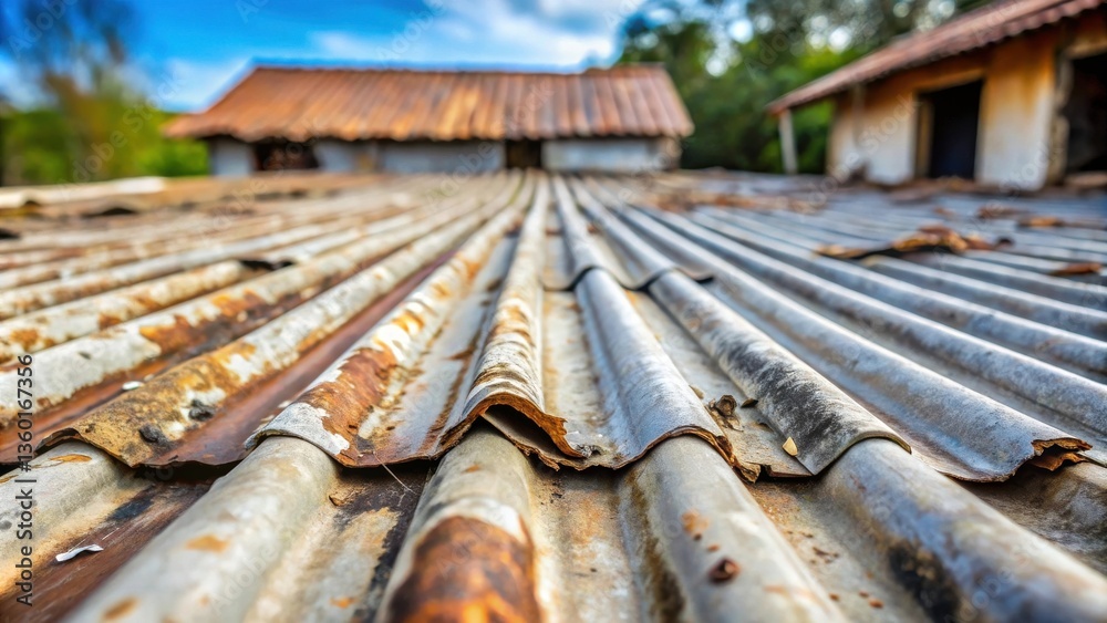Poster Close-up view of a weathered corrugated metal roof showing significant rust and decay on an aged structure