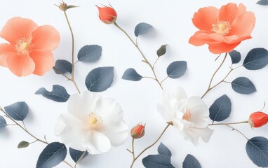 Floral arrangement featuring coral and white roses with dark gray-blue eucalyptus leaves on a white background. Flat lay style