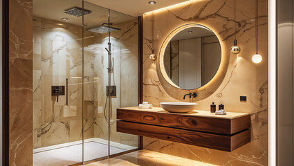 Luxurious Bathroom Decor: Wooden Vanity and Recessed Lighting