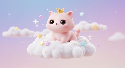 Cute Pink Cartoon Cat with Crown Sitting on a Fluffy Cloud