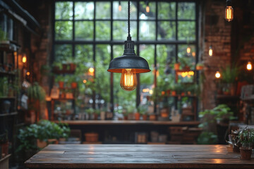 Obraz premium A dimly lit room with a hanging light fixture and potted plants