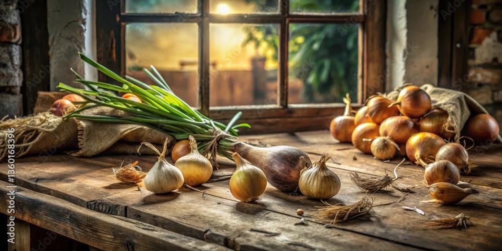 Poster rustic still life featuring freshly harvested onions and scallions on a weathered wooden table by a 