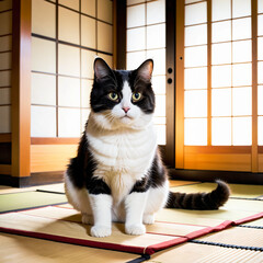 a cute cat sitting inside a traditional Japanese house