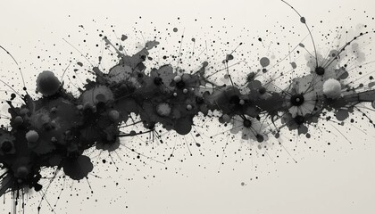 Dynamic abstract art composition featuring black and gray ink blots on canvas studio environment high-contrast visuals for artistic exploration