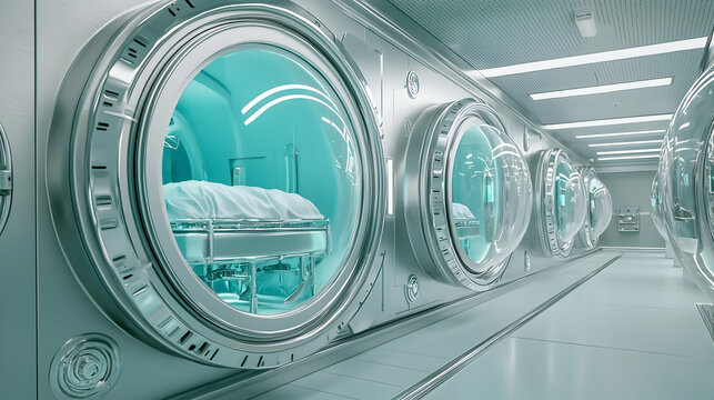 Futuristic cryosleep chamber hall. This design could be used in sci-fi movies or video games for immersive environments. 
