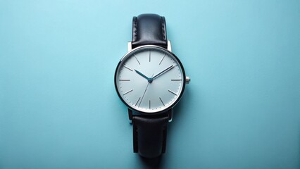 Classic Wristwatch with Leather Strap on a Light Blue Background