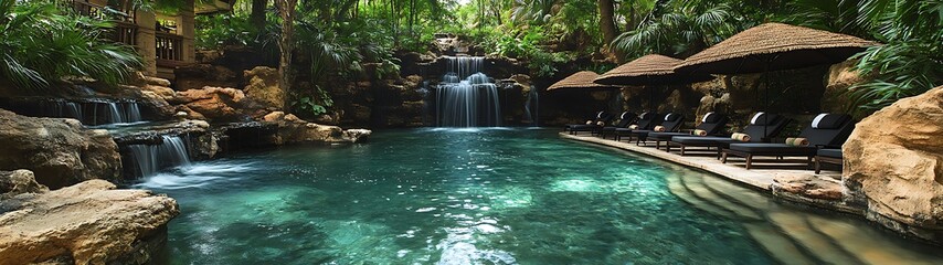 Naklejka premium A beautiful swimming pool with waterfalls and surrounding greenery
