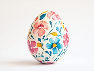 Beautiful hand-painted Easter egg with colorful floral designs on white background &ndash; ideal for spring, holiday, craft, celebration, and seasonal decoration concepts