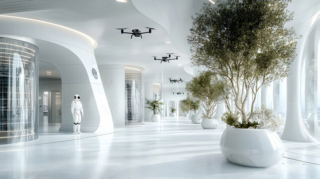 Futuristic interior showcases a robot and drones in a sleek white environment with trees. Could be a high-tech hospital or corporate headquarters.