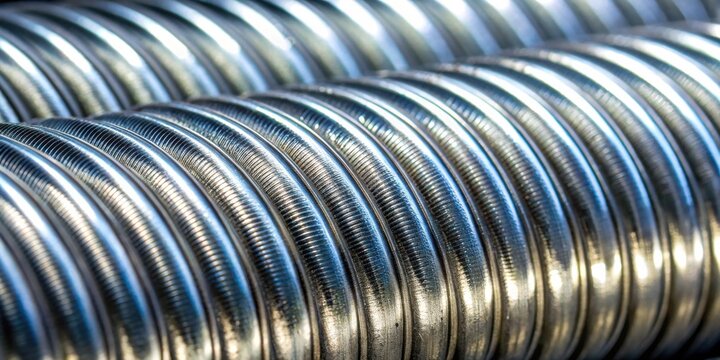 Close-up view of multiple metallic corrugated tubes arranged in parallel, showcasing the texture and reflective qualities of the metal