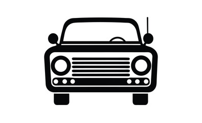 Car radio front view silhouette, Car radio icon, Walkie-talkie, Radio station, Black silhouette, Horizontal front view, Vector simple flat graphic illustration, Isolated object on a white background