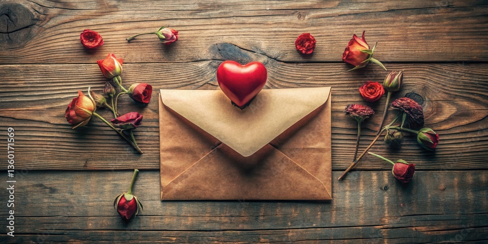 Aufkleber a rustic wooden surface displays a kraft envelope with a red heart resting on top, surrounded by dri