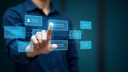 Flat Developer touching virtual interface agile software development project management using kanban scrum methodology boards on screen process workflow visual organization tools framework concept as 