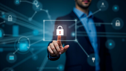 Business Hand Clicking Security Icon on Virtual Screen: A Visual Representation of Data Protection, Cyber Security, Privacy, and Technology Concepts with Empty Space for Customization