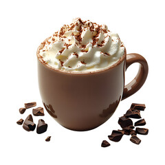 A Decadent Hot Chocolate Topped with Whipped Cream and Chocolate Chips Isolated on Transparent Background