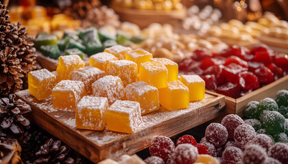 Assorted Turkish delights dusted with icing sugar on a wooden serving board. Concept of traditional Turkish confections, assorted sweet delights, cultural dessert presentation, and sugared treats