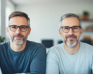 Two middle-aged men with glasses and beards smiling, seated side by side in a well-lit indoor setting.