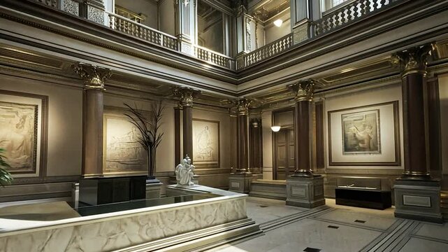 Grand Hall Interior, Sunlight Bathes Classical Architecture