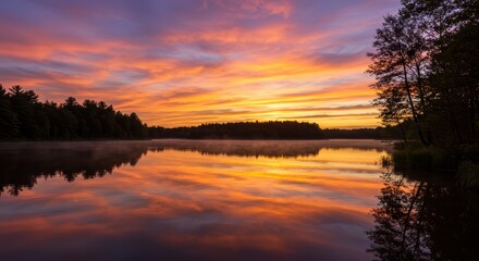 Fototapeta premium Lake Reflecting Sunrise with Colorful Sky and Trees in Tranquil Nature