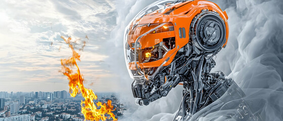 A futuristic robot observes a city in flames. Suggests a scenario where AI witnesses environmental destruction a cautionary tale. AI's role in crisis.