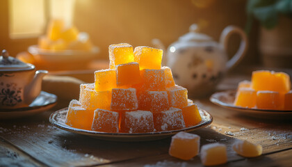 Assorted Turkish delights dusted with icing sugar on a wooden serving board. Concept of traditional Turkish confections, assorted sweet delights, cultural dessert presentation, and sugared treats