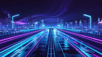 Glowing blue neon traffic light highway