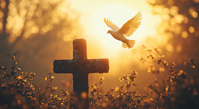A serene silhouette of a dove flying over a weathered stone cross in a golden sunset, ideal for Easter or Christmas religious themes and uplifting spiritual visuals.