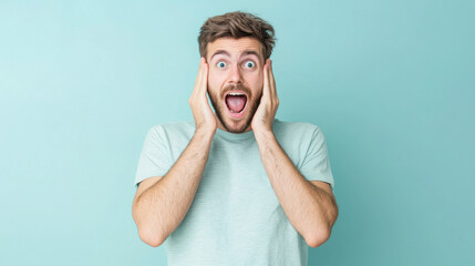 A man with a beard looking surprised or shocked with his mouth open on a blue background