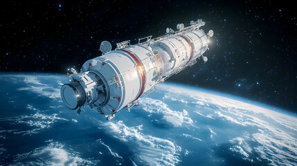 A spacecraft orbits Earth showcasing scientific exploration. The image could be used in science educational material or for a tech startup website.