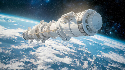 A futuristic spaceship travels above Earth's atmosphere against a starry background. This image is perfect for sci-fi projects games or futuristic design concepts.