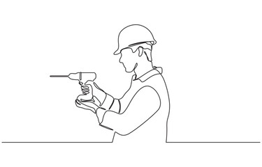 Continuous line drawing of young handyman wearing uniform while holding drill machine, Builder man holding drill and wearing helmet. One continuous line art drawing vector.