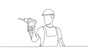 Continuous line drawing of young handyman wearing uniform while holding drill machine, Builder man holding drill and wearing helmet. One continuous line art drawing vector.