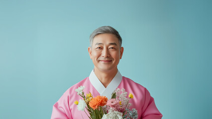 smiling elderly man in traditional Korean attire holds colorful bouquet against blue background, exuding joy and warmth