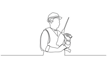 Continuous line drawing of young handyman wearing uniform while holding drill machine, Builder man holding drill and wearing helmet. One continuous line art drawing vector.