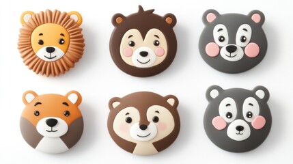 Obraz premium Adorable animal face buttons; craft supplies; white background; children's room decor