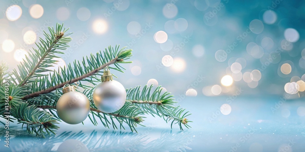 Poster serene winter scene featuring a fir branch adorned with elegant, light-colored ornaments against a s