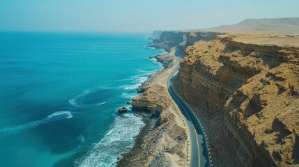 breathtaking image of Makran Coastal Highway winding along rugged coastline of Balochistan dramatic cliff turquoise water stretching horizon scenic highway offer traveler breathtaking view thrilling a