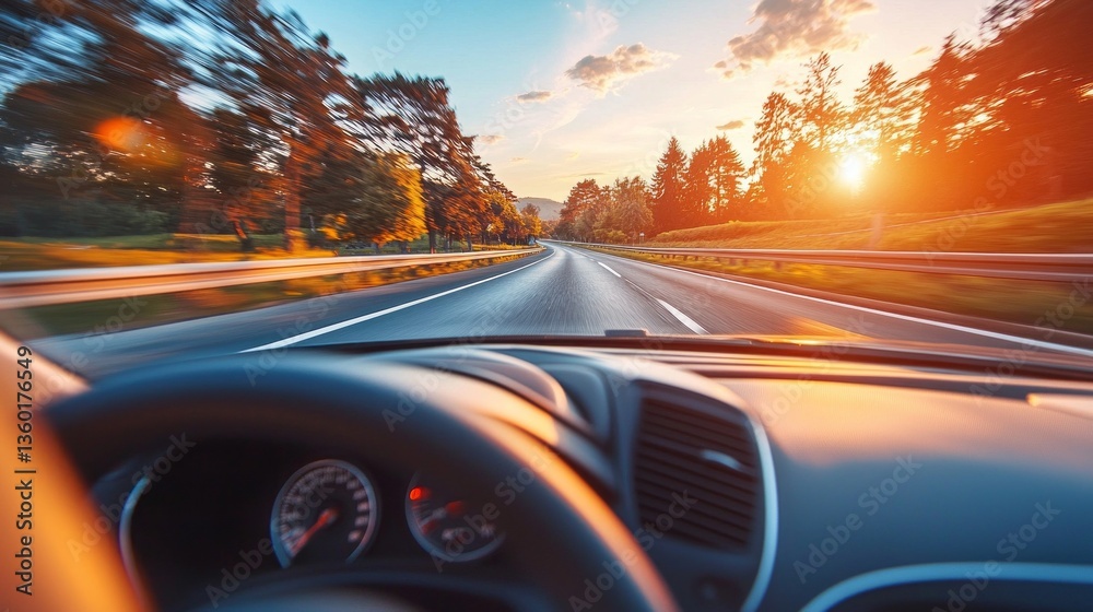 Aufkleber A serene journey unfolds as a car speeds along a smooth highway at dusk, vibrant colors painting the sky while trees frame the path ahead, creating a sense of freedom and adventure