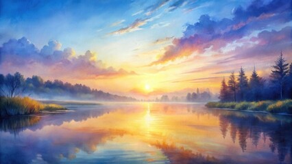 Obraz premium Serene Sunrise Over a Calm Lake Reflecting Golden Hues and Misty Shores