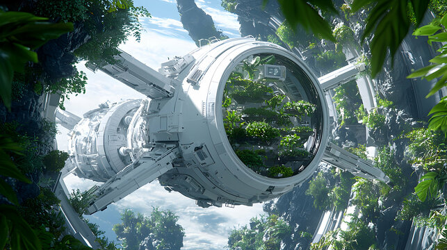 A futuristic space station with lush vegetation thriving inside a circular structure. It suggests sustainable living and colonization in a biodiverse habitat.