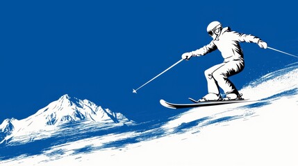 Stylized Skier Descending Snowy Slope, Blue Sky, Minimalist Illustration