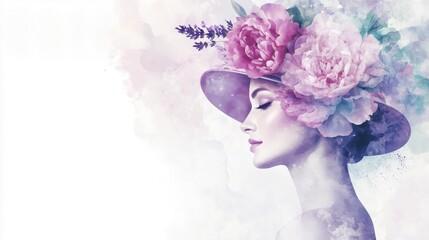 Naklejka premium A delicate watercolor portrait of a beautiful woman in profile wearing a hat adorned with flowers, symbolizing elegance, femininity, and the beauty of nature in soft pastel hues