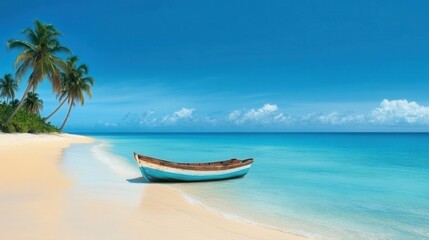 Obraz premium Serene beach scene with a boat and palm trees under a clear blue sky.