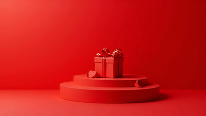 Flat Minimal Abstract Product Background for Valentine and Christmas: Creative Holiday Marketing Ideas with Red Gift Box on Red Backdrop for Festive Promotions