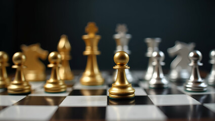 Gold and Silver Chess on chess board game for business metaphor leadership concept concept as Gold and silver chess pieces on board representing business metaphor and leadership concepts in  Photo Sto