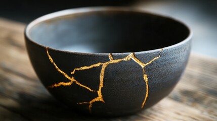 A beautifully crafted bowl featuring the ancient Japanese art of kintsugi, where gold dust is used to repair broken pottery, presenting a concept of finding beauty in brokenness