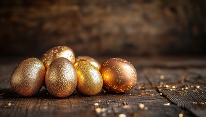 Golden Easter Eggs Glittering on Rustic Wooden Surface with Sparkling Dust and Warm Lighting for Celebration and Spring Themes