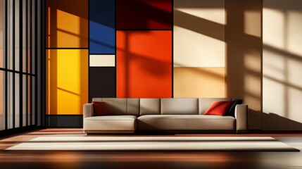 Modern living room featuring a stylish sofa against a vibrant geometric wall with shadows