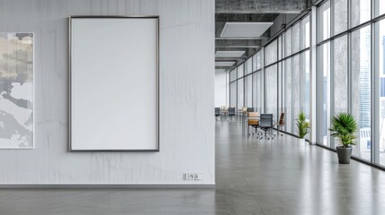 A large white wall with a black border and a white sign. The room is empty with no furniture